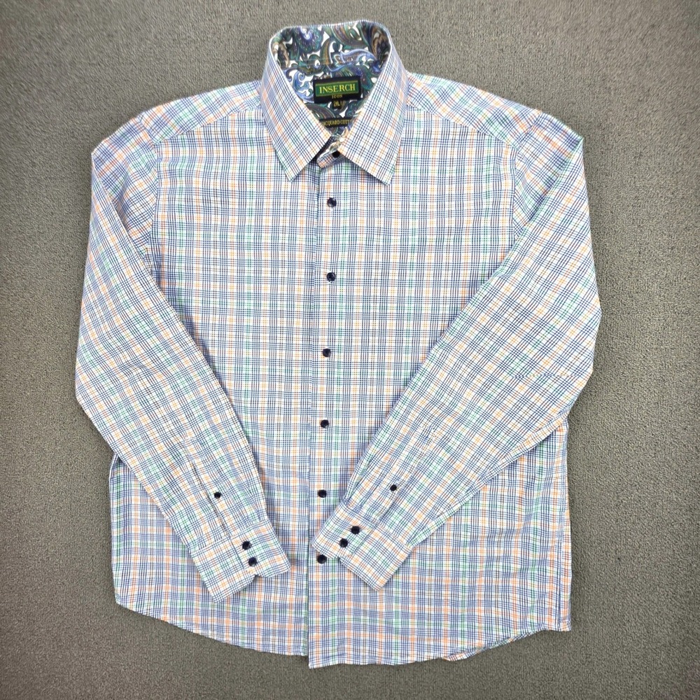 Inserch Icon Button Down Shirt‎ Mens Blue Orange Plaid Jacquard Cotton 2XL